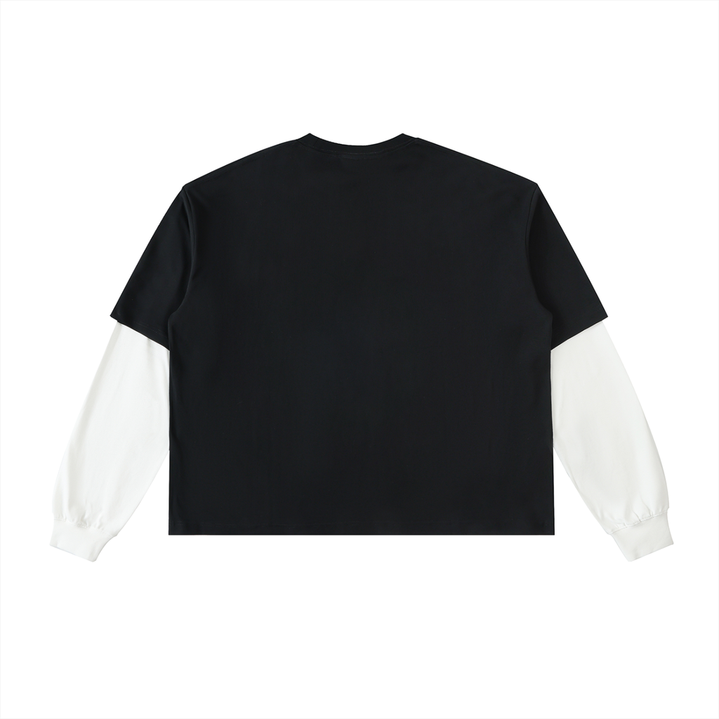 Oval Badge Layered Contrast Sleeve Cotton T-Shirt