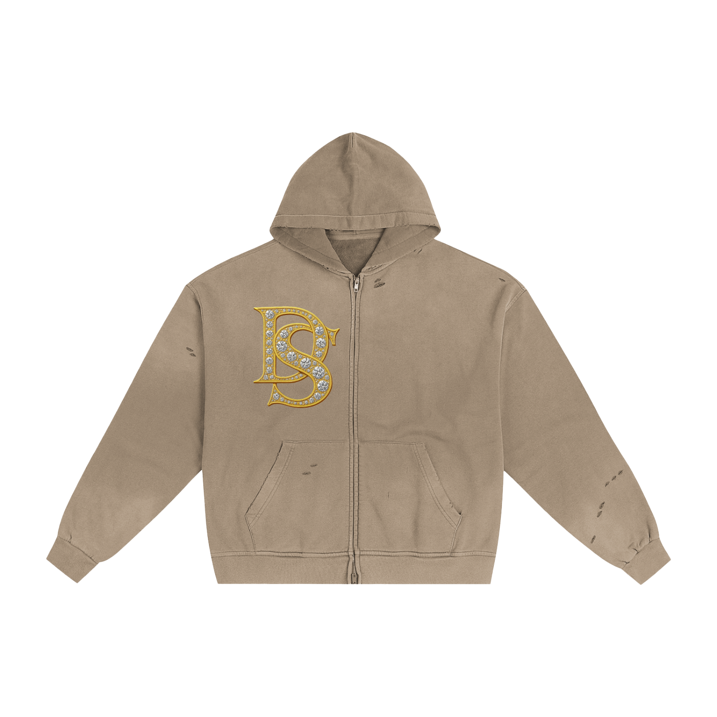 Bling Emblem Hand-Frayed Sunfade Zip Hoodie