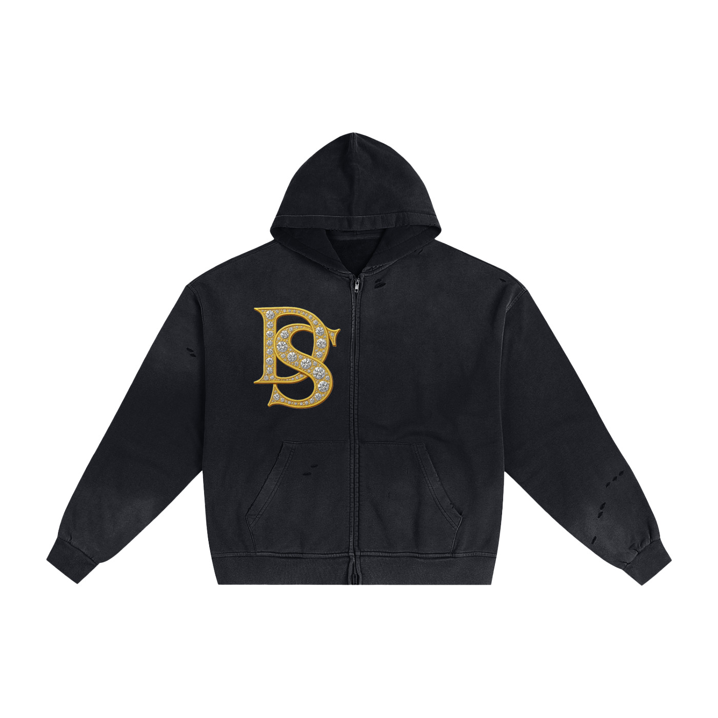 Bling Emblem Hand-Frayed Sunfade Zip Hoodie