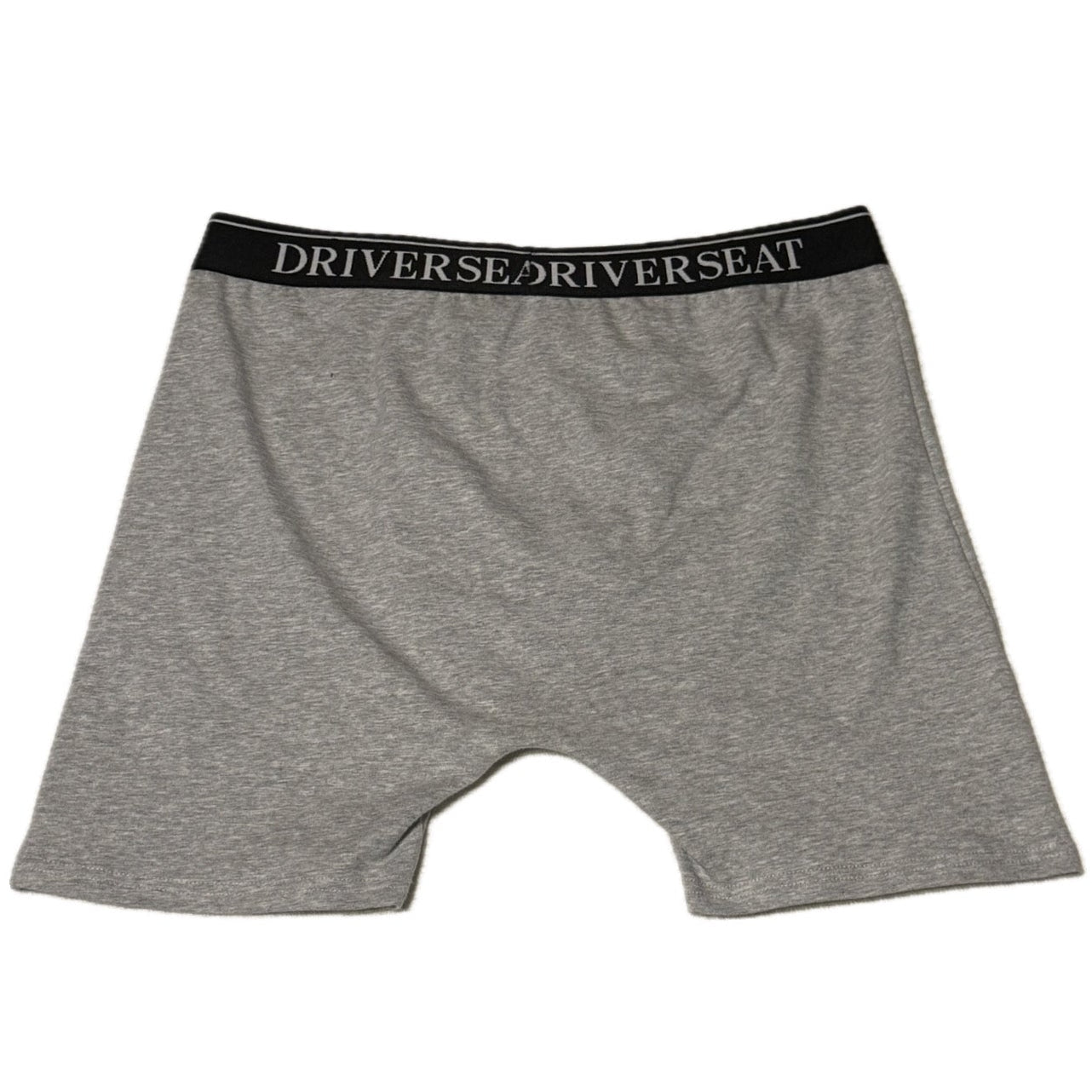 Gray boxer briefs with a black waistband featuring 'DRIVERESEAT' branding on a white background.