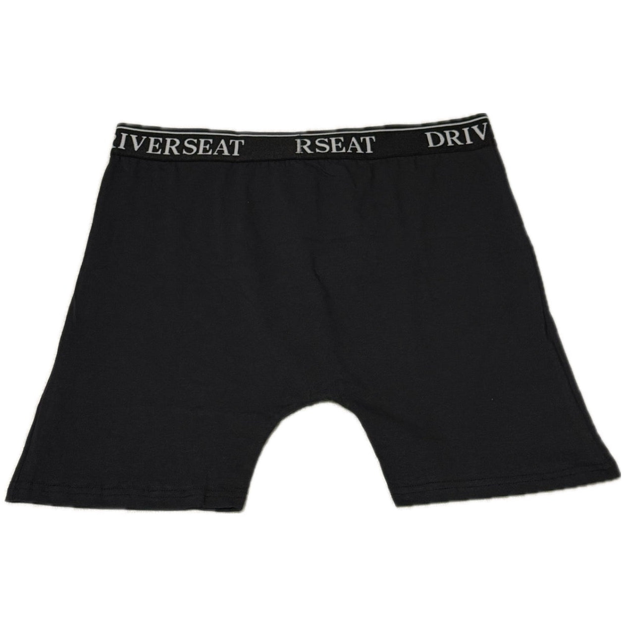 Black boxer briefs with 'DRIVERSEAT' brand logo on waistband against a white background