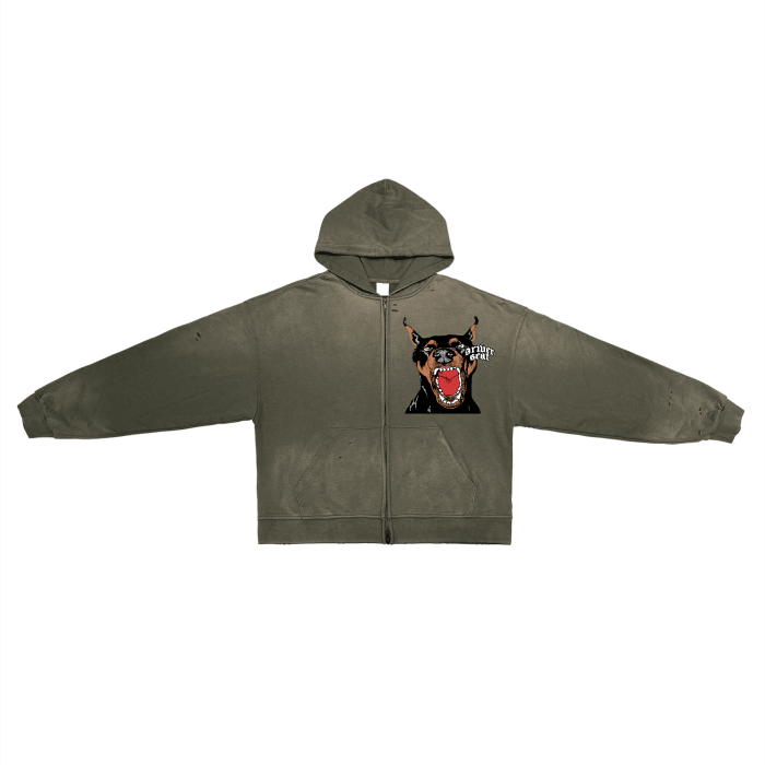 Doberman Hand-Frayed Washed Zip Hoodie