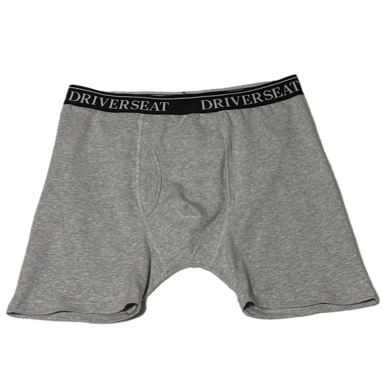 Gray boxer briefs with black waistband featuring 'DRIVERSEAT' logo on a white background
