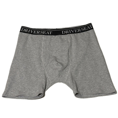 Gray boxer briefs with black waistband featuring 'DRIVERSEAT' logo on a white background