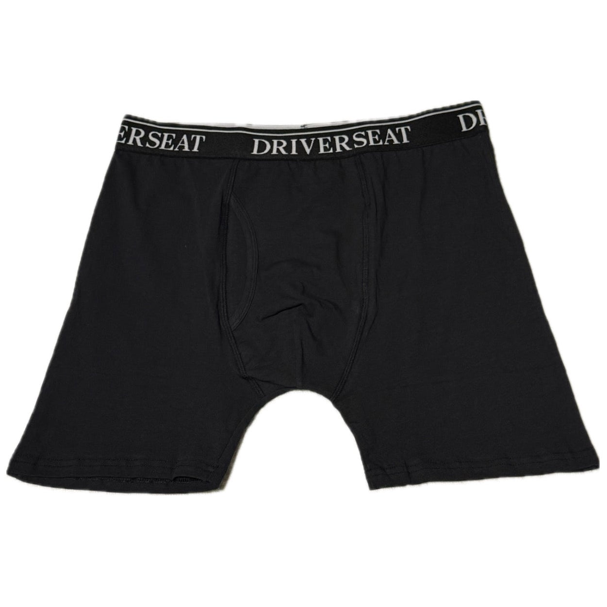 Black boxer briefs with 'DRIVERSEAT' branding on a white background