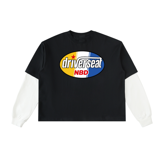 Oval Badge Layered Contrast Sleeve Cotton T-Shirt