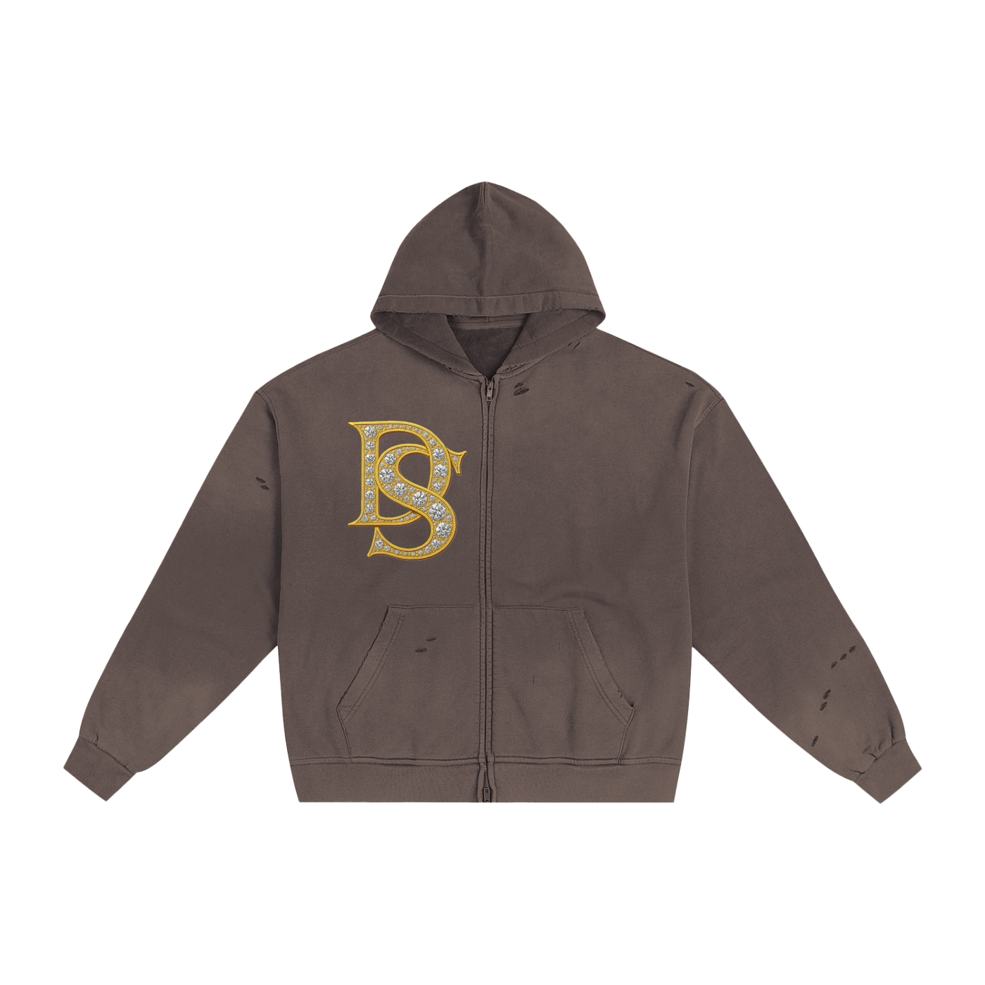 Bling Emblem Hand-Frayed Sunfade Zip Hoodie