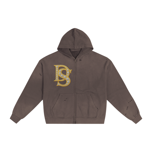 Bling Emblem Hand-Frayed Sunfade Zip Hoodie