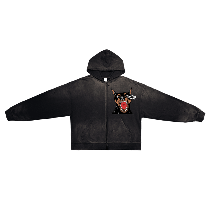 Doberman Hand-Frayed Washed Zip Hoodie