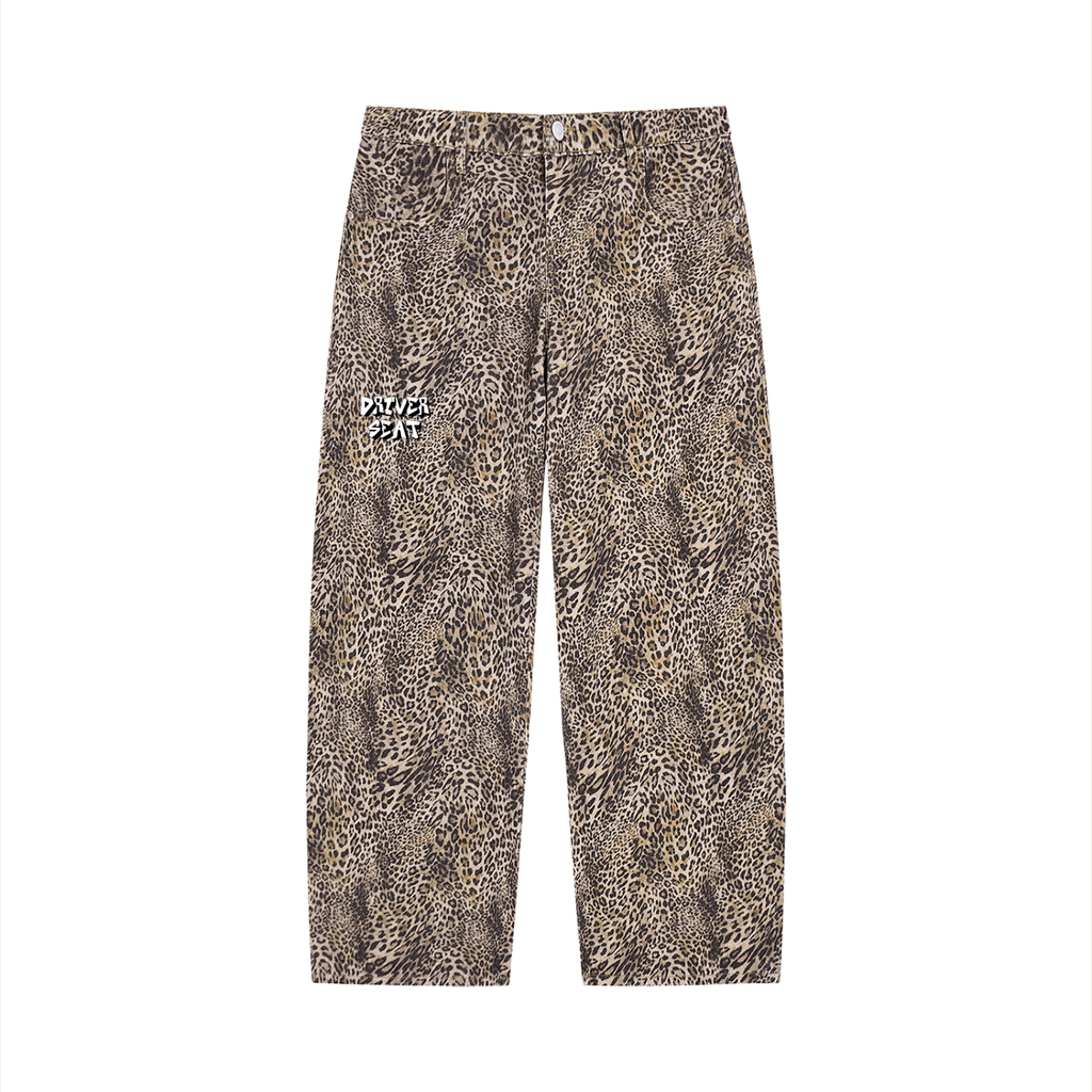 Unisex Vintage Wash Leopard Wide Leg Jeans