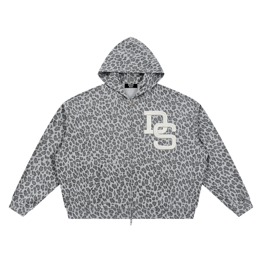 Unisex Leopard Print Waffle Full Zip Hoodie