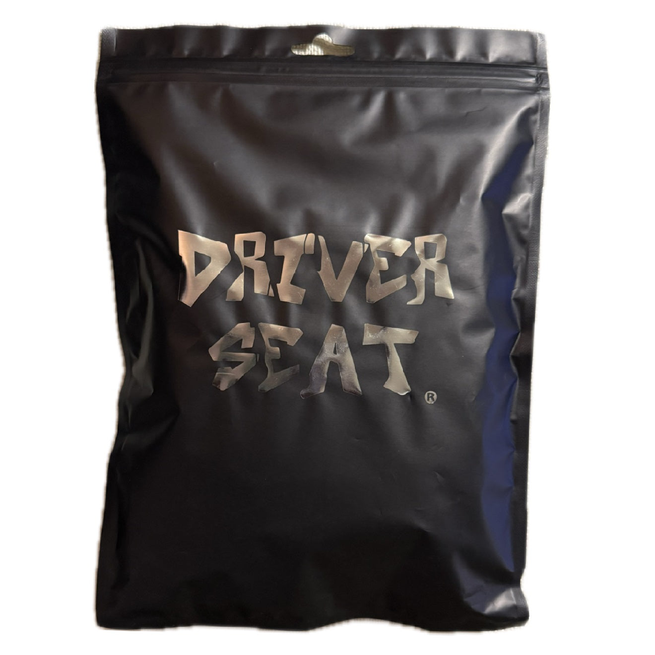 Black bag with 'DRIVER SEAT' text on a white background